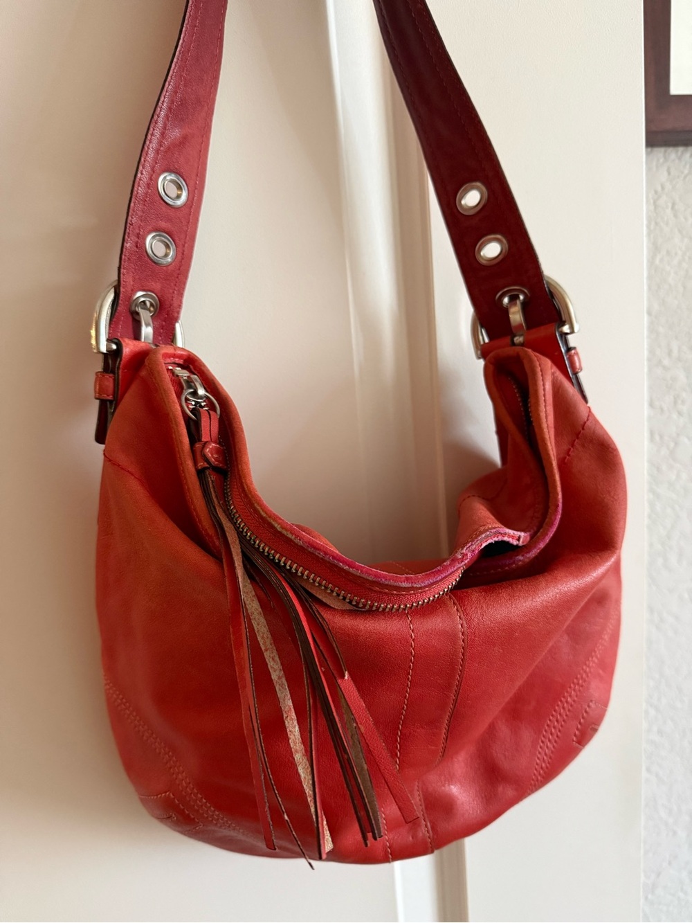 Coach Y2K Vintage Red Leather Hobo Shoulder Bag with Tassel!